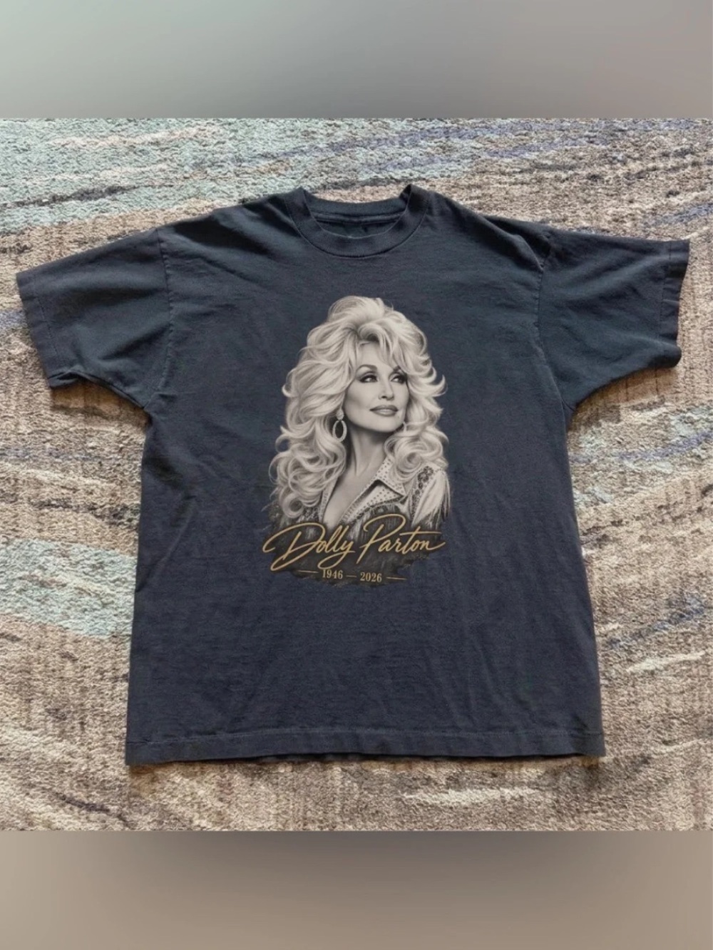 Black Short-Sleeve Tee with Gold Script and Portrait